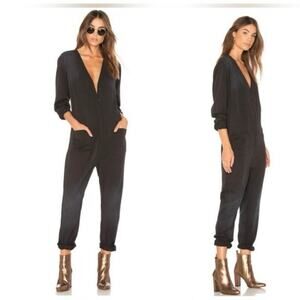 One Teaspoon Black Relaxed Jumpsuit Deep V Button Front Long Sleeve Women's S